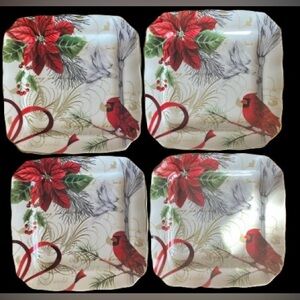Set of 4 222 Fifth Cardinal Holiday Wishes Bread Appetizer Square Plate Red Bird